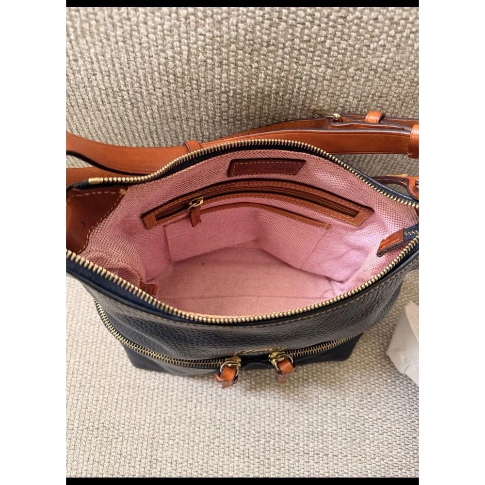 Dooney & Bourke Navy Pebbled Leather Hobo Shoulder Bag with Tan Trim